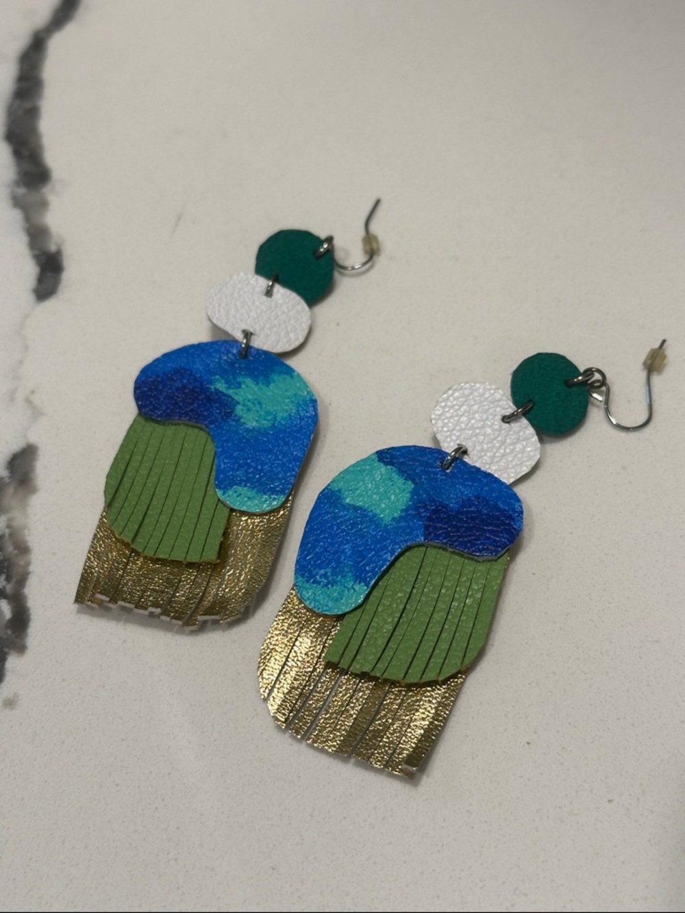 Handmade Layered Fringe Earrings - Blue, Green & Gold